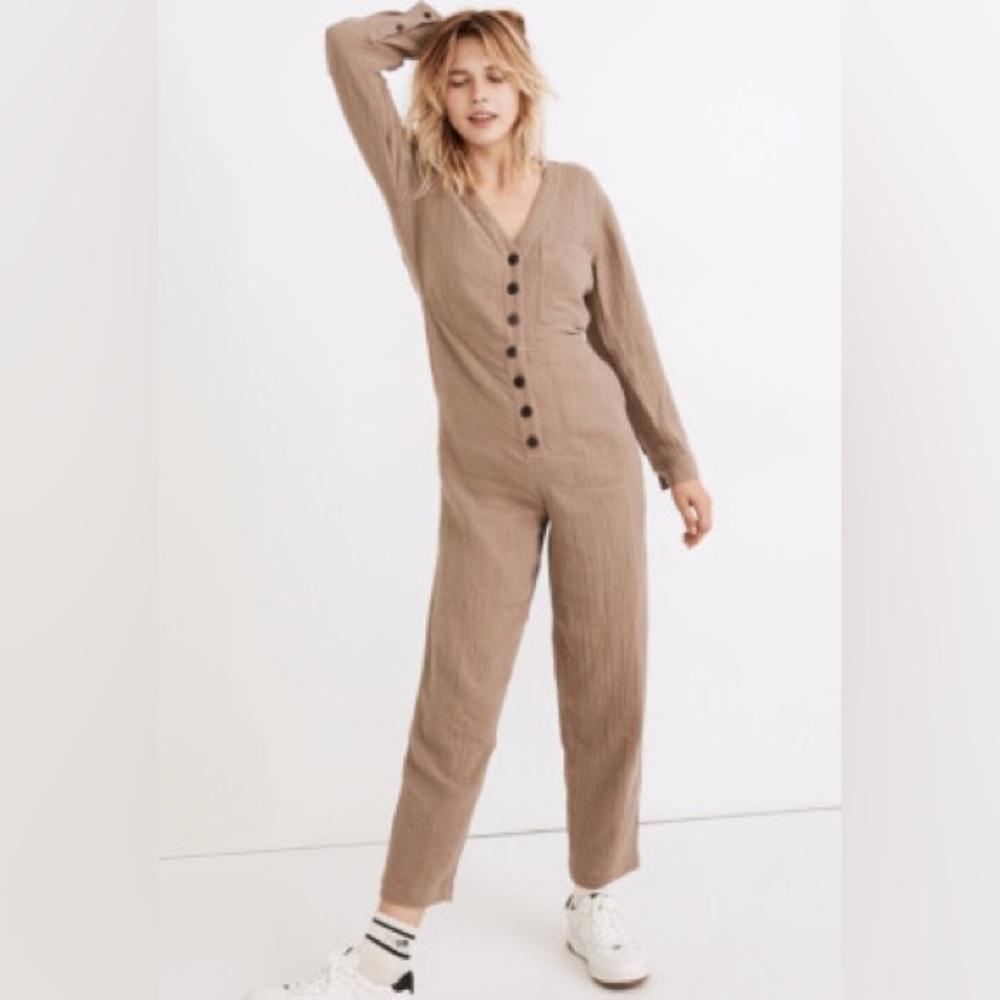 New‎ Madewell Taupe Gauze Button-Front Jumpsuit SZ LG